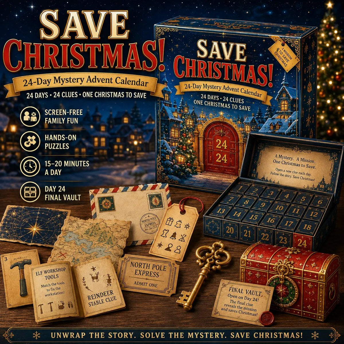 Mystavo | Puzzle advent calendar with 24 clues and 6 adventure themes