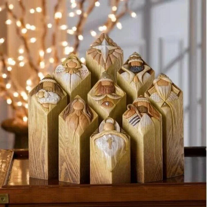 Velmora | Weihnachtskrippe mit 9 Krippenfiguren in Holzoptik aus Kunstharz