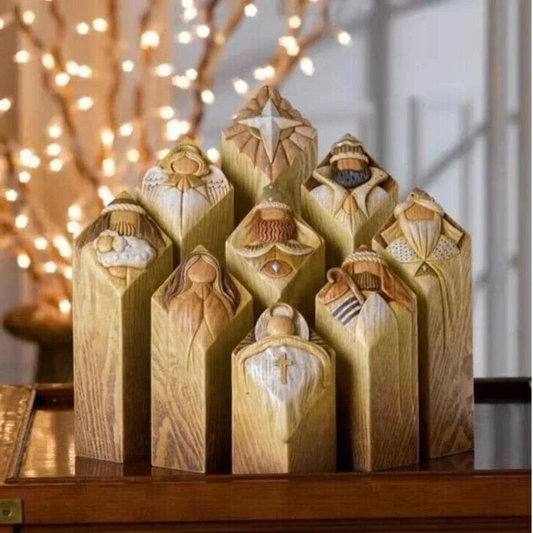 Velmora | Presepe con 9 statuine in resina sintetica effetto legno