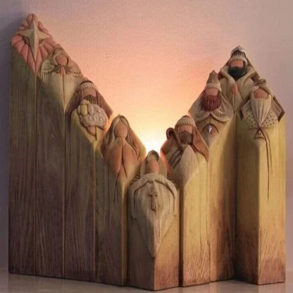 Velmora | Weihnachtskrippe mit 9 Krippenfiguren in Holzoptik aus Kunstharz
