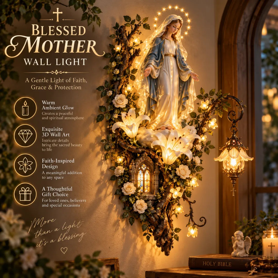 Avelina | Decoración de pared iluminada de la Virgen María con flores y corona de estrellas