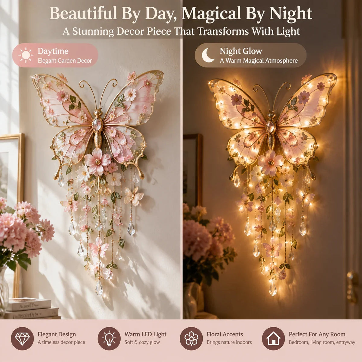 Papilora | Schmetterling Wanddeko mit Licht, Blüten und Kristallbehang