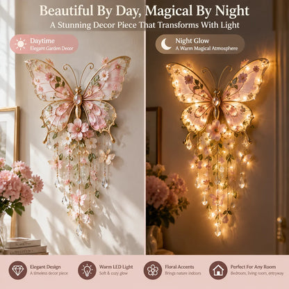 Papilora | Schmetterling Wanddeko mit Licht, Blüten und Kristallbehang