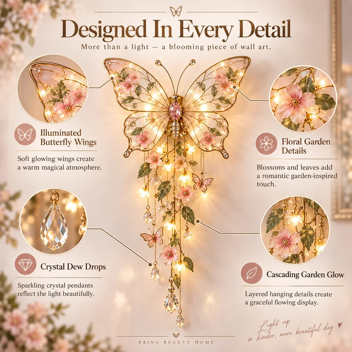 Papilora | Schmetterling Wanddeko mit Licht, Blüten und Kristallbehang