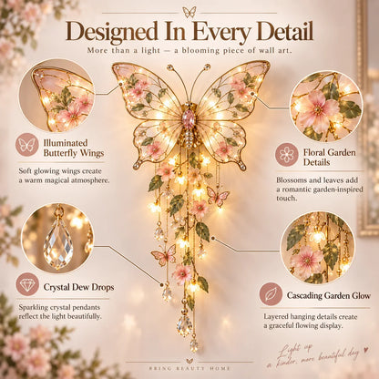 Papilora | Schmetterling Wanddeko mit Licht, Blüten und Kristallbehang