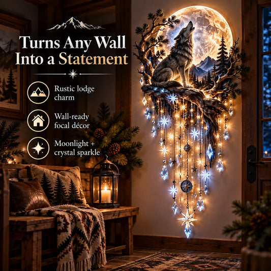 Wolvara | Illuminated wolf wall decoration with full moon and falling stars