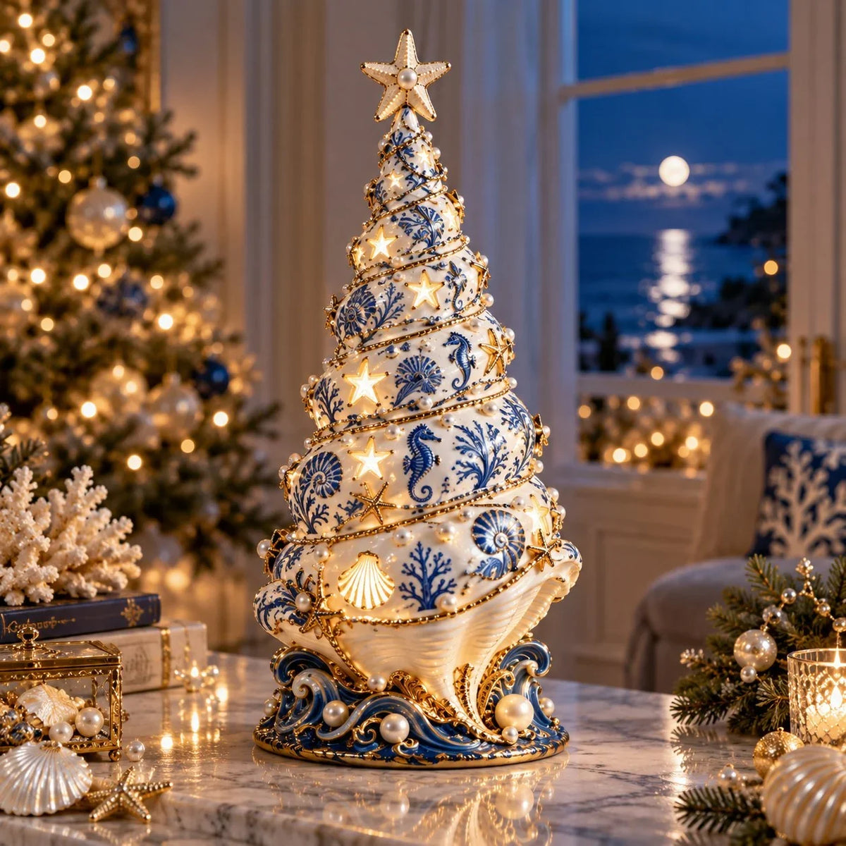 Maresta | Árbol LED de decoración navideña con conchas y efecto de proyección, aprox. 30 cm