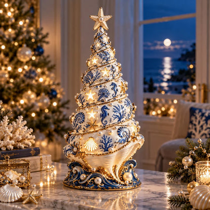 Maresta | Árbol LED de decoración navideña con conchas y efecto de proyección, aprox. 30 cm