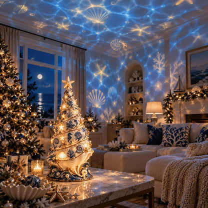 Maresta | Árbol LED de decoración navideña con conchas y efecto de proyección, aprox. 30 cm