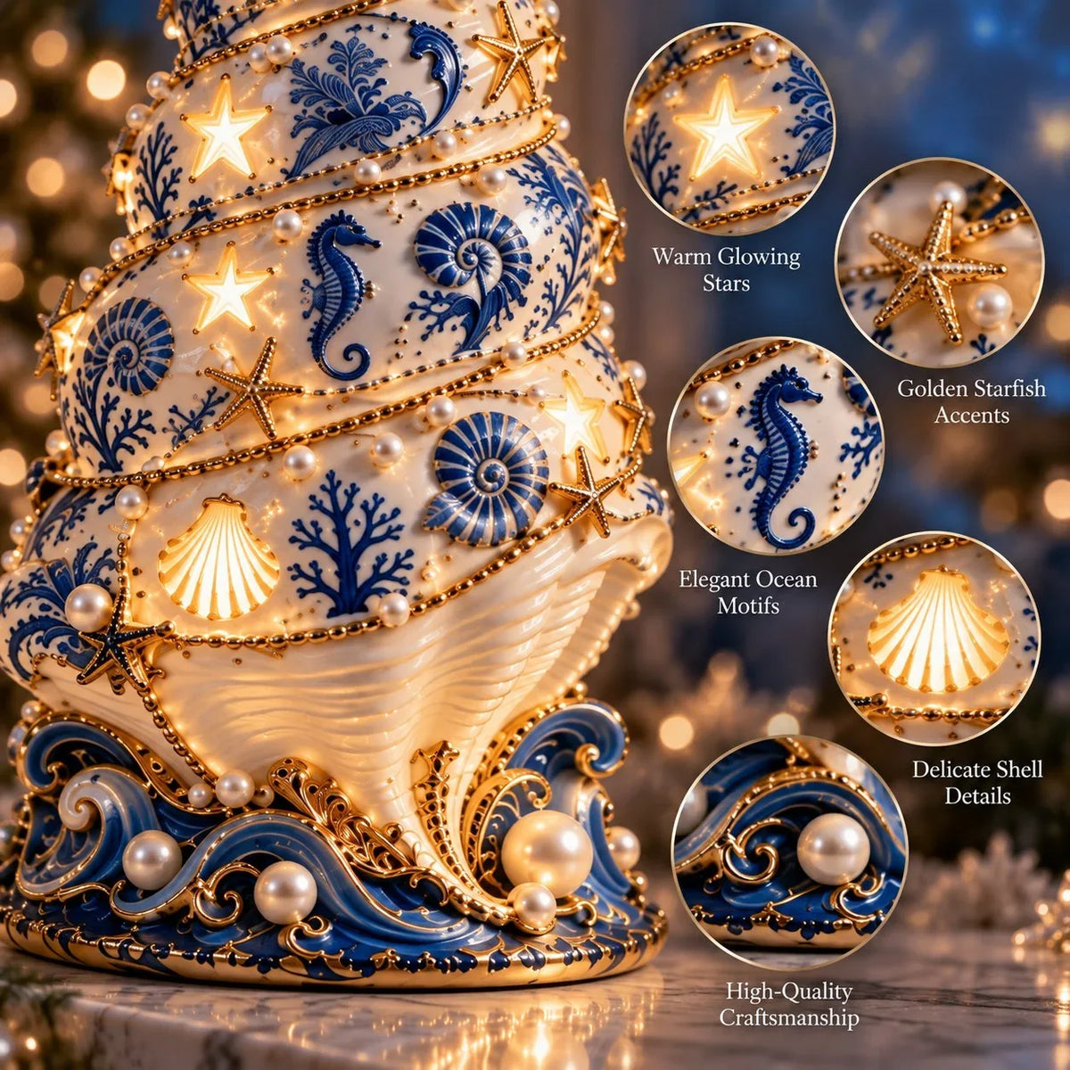 Maresta | Árbol LED de decoración navideña con conchas y efecto de proyección, aprox. 30 cm