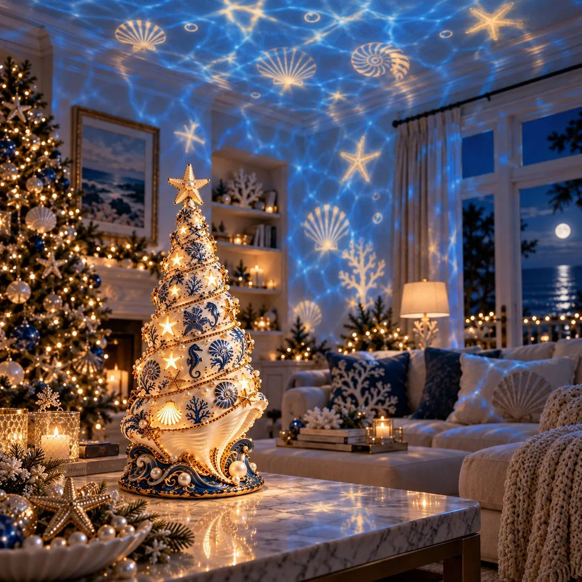 Maresta | Árbol LED de decoración navideña con conchas y efecto de proyección, aprox. 30 cm