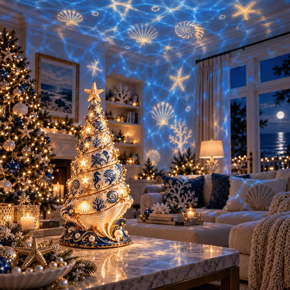 Maresta | Árbol LED de decoración navideña con conchas y efecto de proyección, aprox. 30 cm