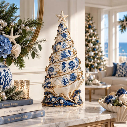 Maresta | Árbol LED de decoración navideña con conchas y efecto de proyección, aprox. 30 cm
