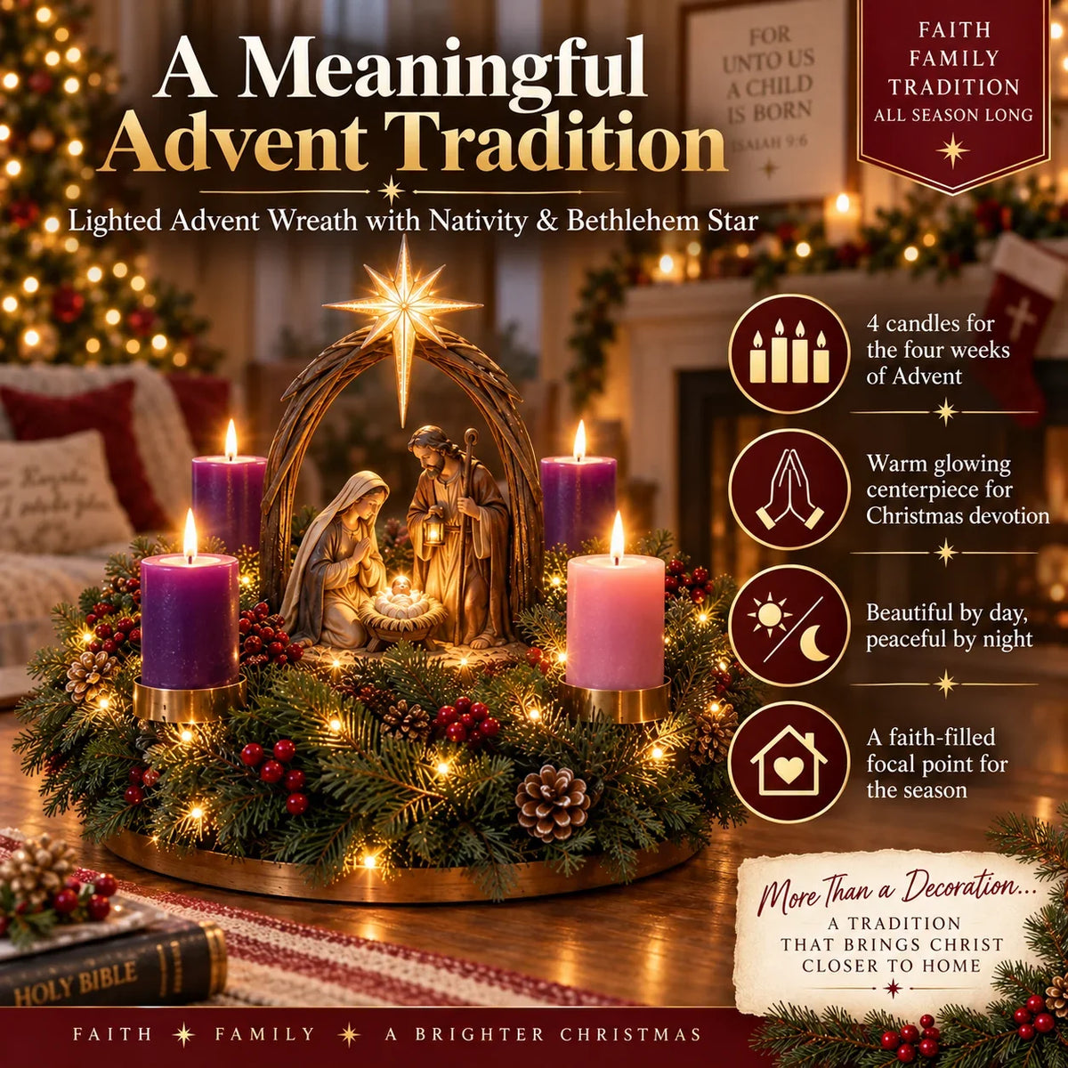 Krippe Adventskranz mit LED 2026