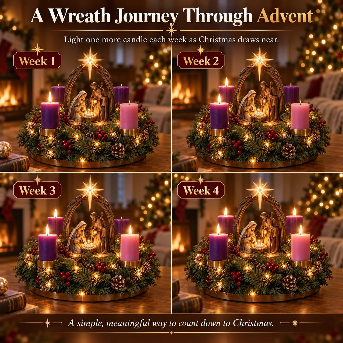 Krippe Adventskranz mit LED 2026
