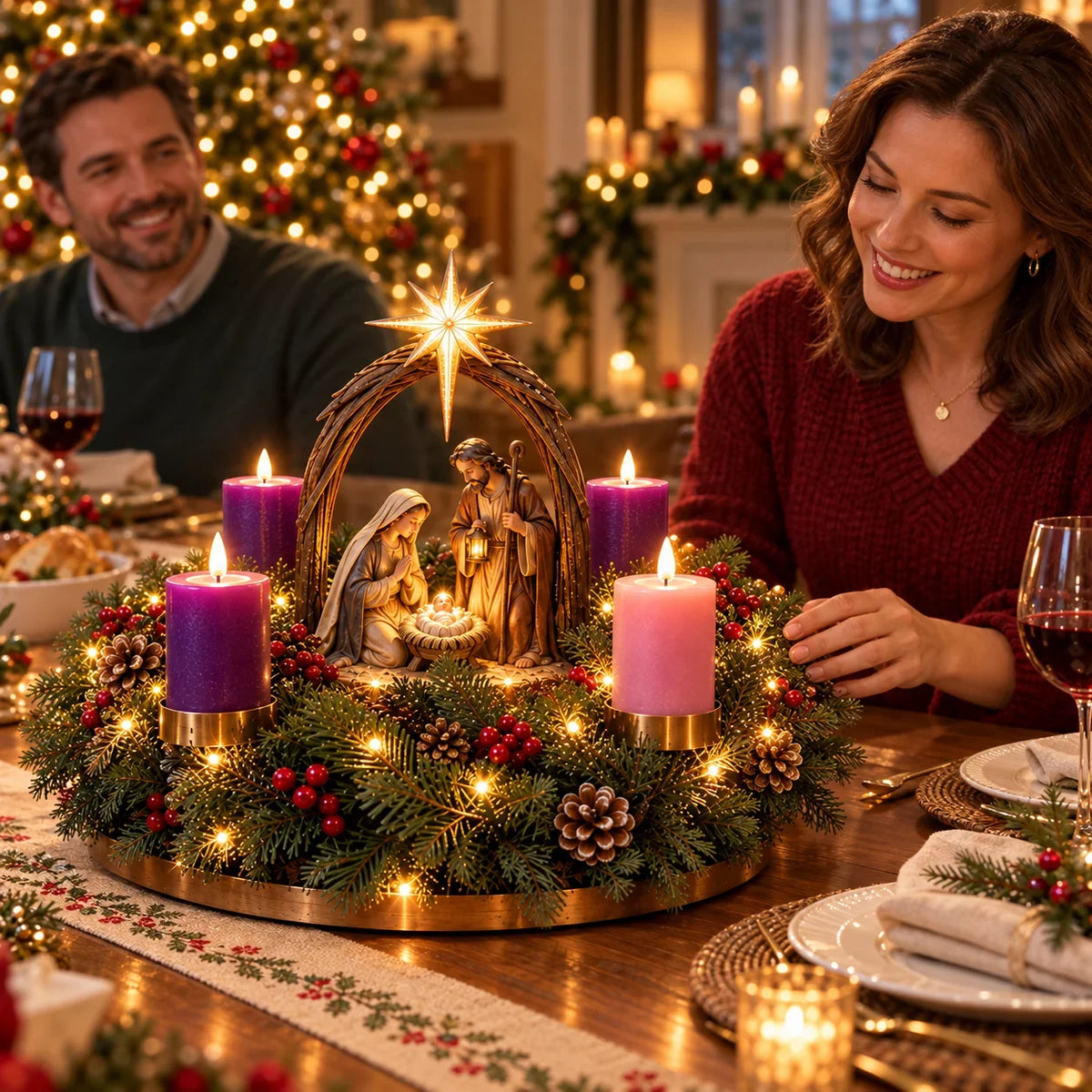 Krippe Adventskranz mit LED 2026