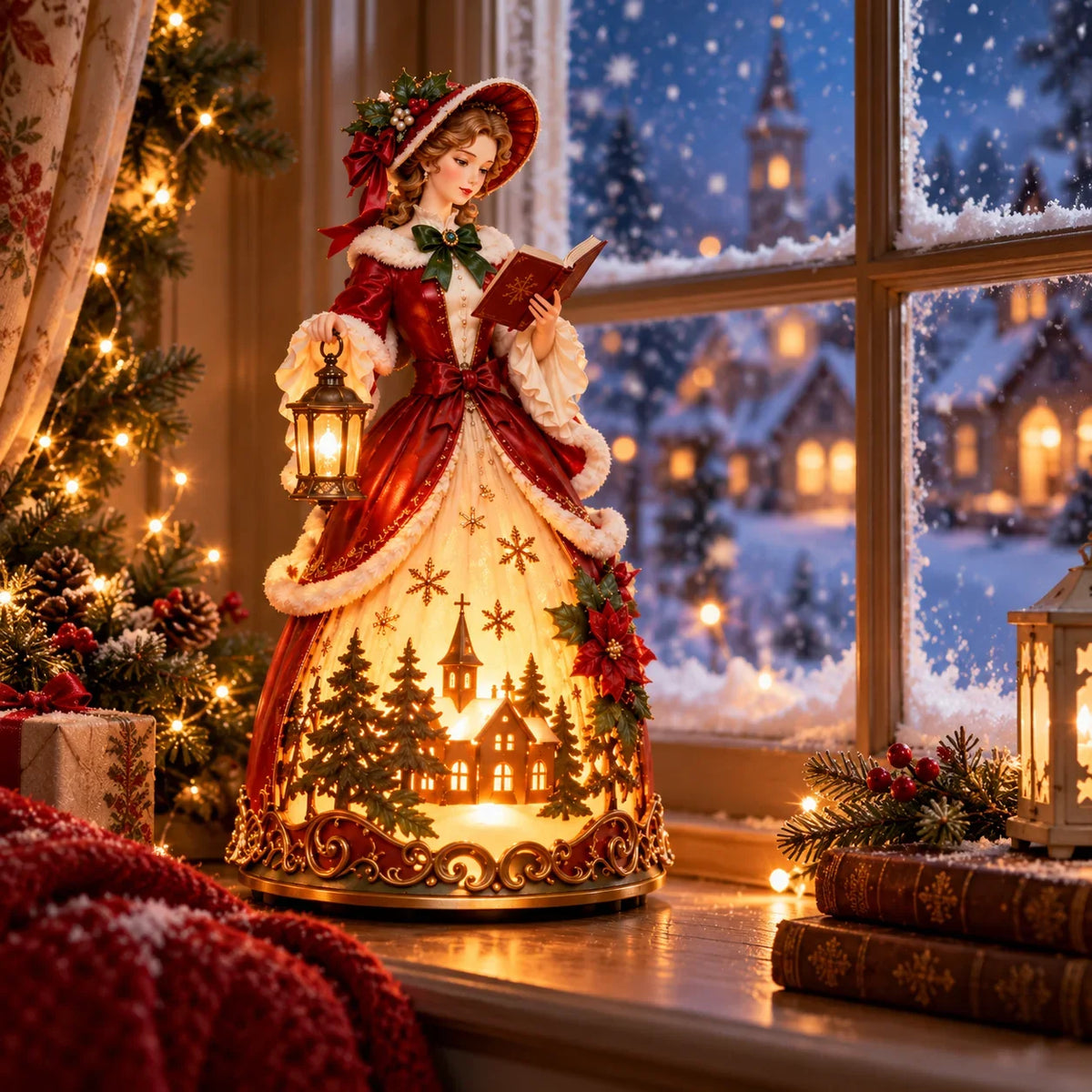 Noelina | Figurina natalizia illuminata di una cantante con lanterna e villaggio invernale