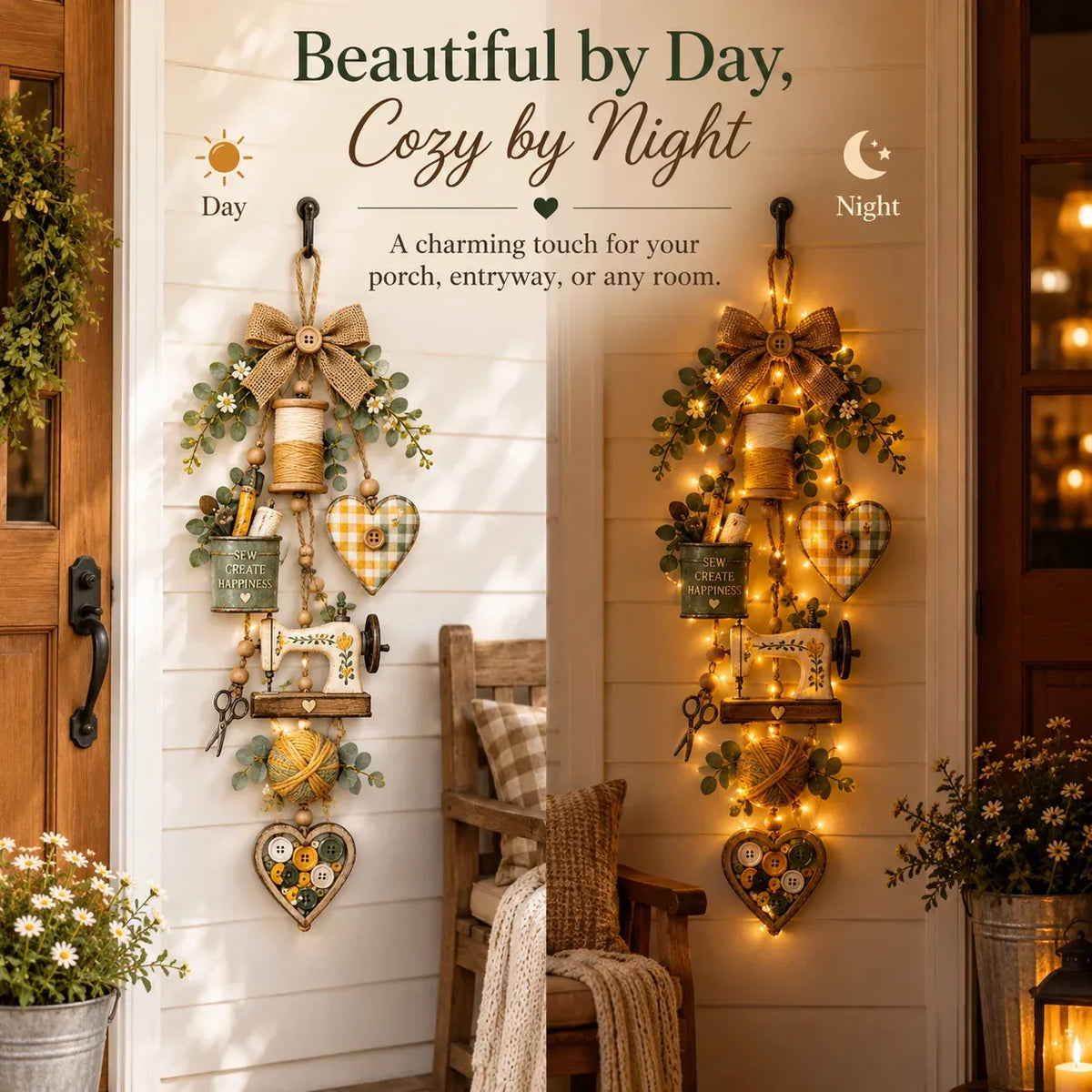 Nadelia | Decoración de pared colgante con diseño de costura y guirnalda de luces LED, 50 × 20 cm