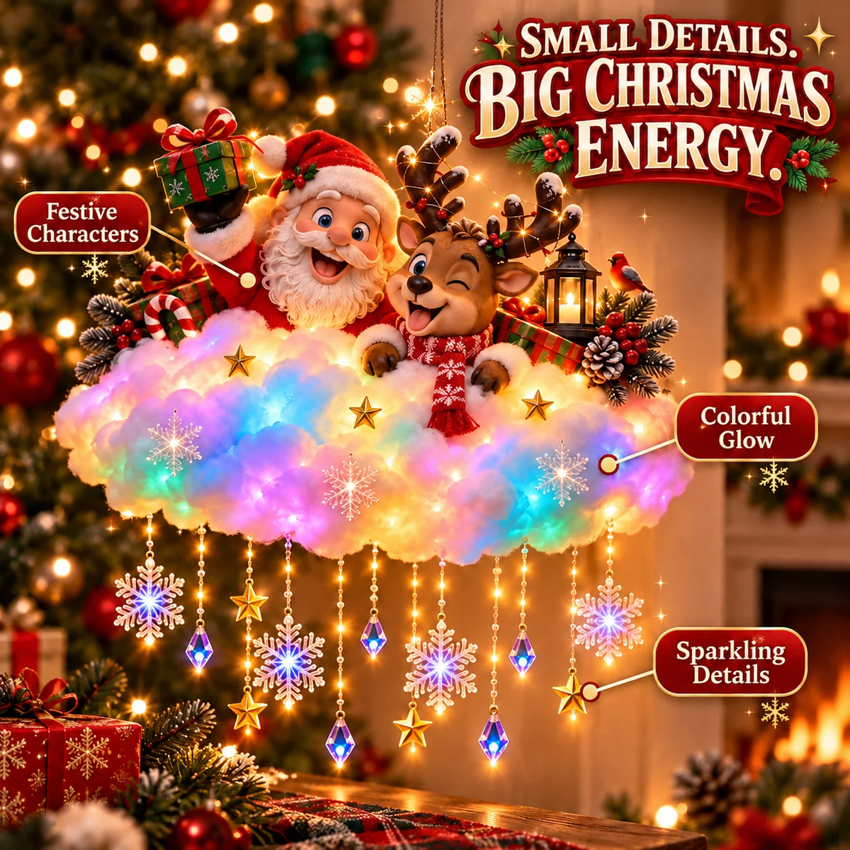 Rosuna | Decorazione natalizia da parete illuminata, nuvola con Babbo Natale