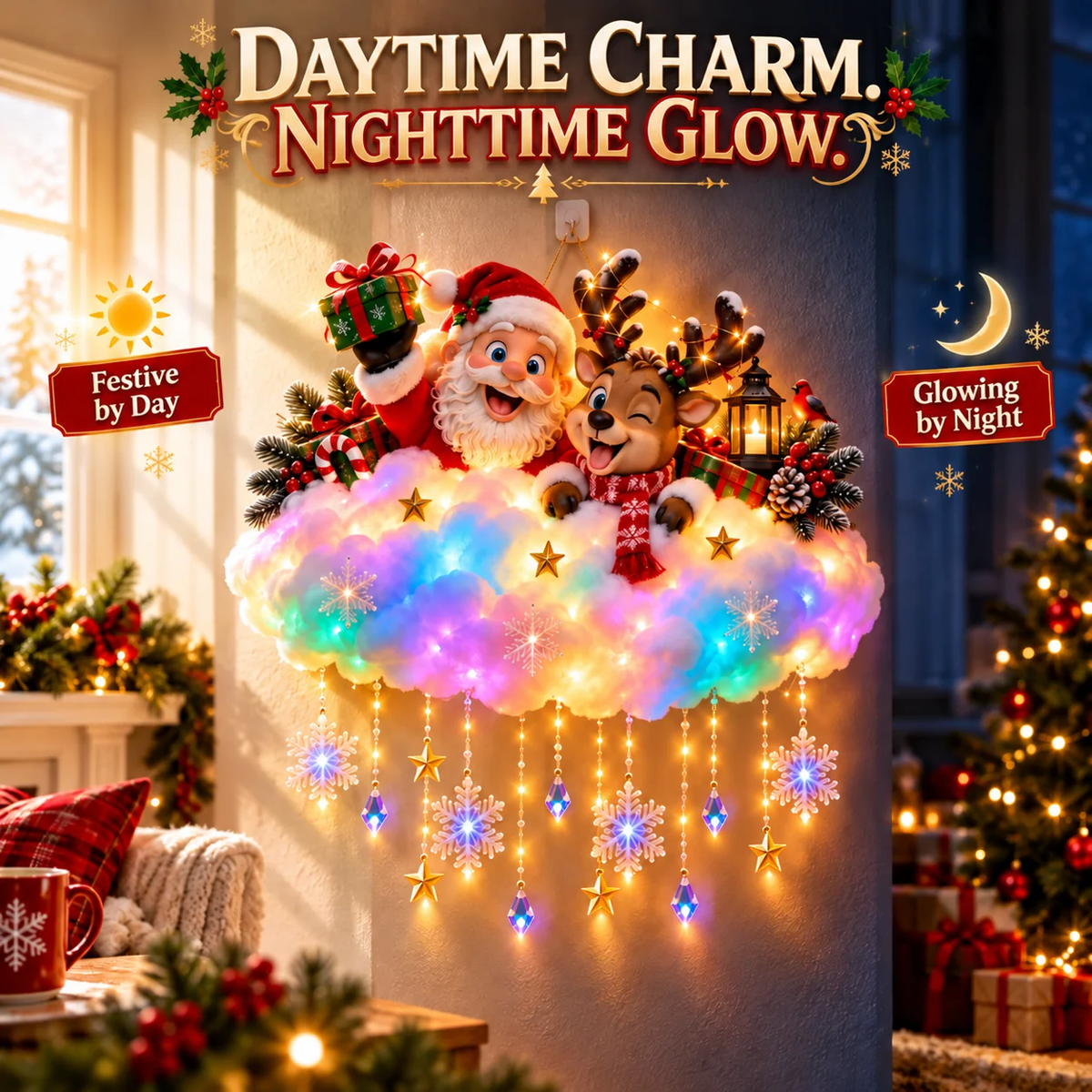 Rosuna | Decorazione natalizia da parete illuminata, nuvola con Babbo Natale