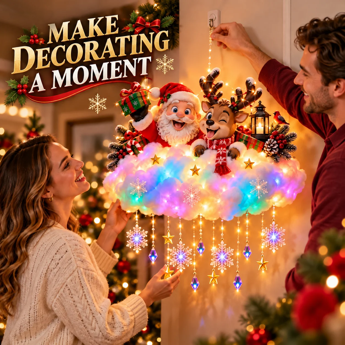 Rosuna | Decorazione natalizia da parete illuminata, nuvola con Babbo Natale