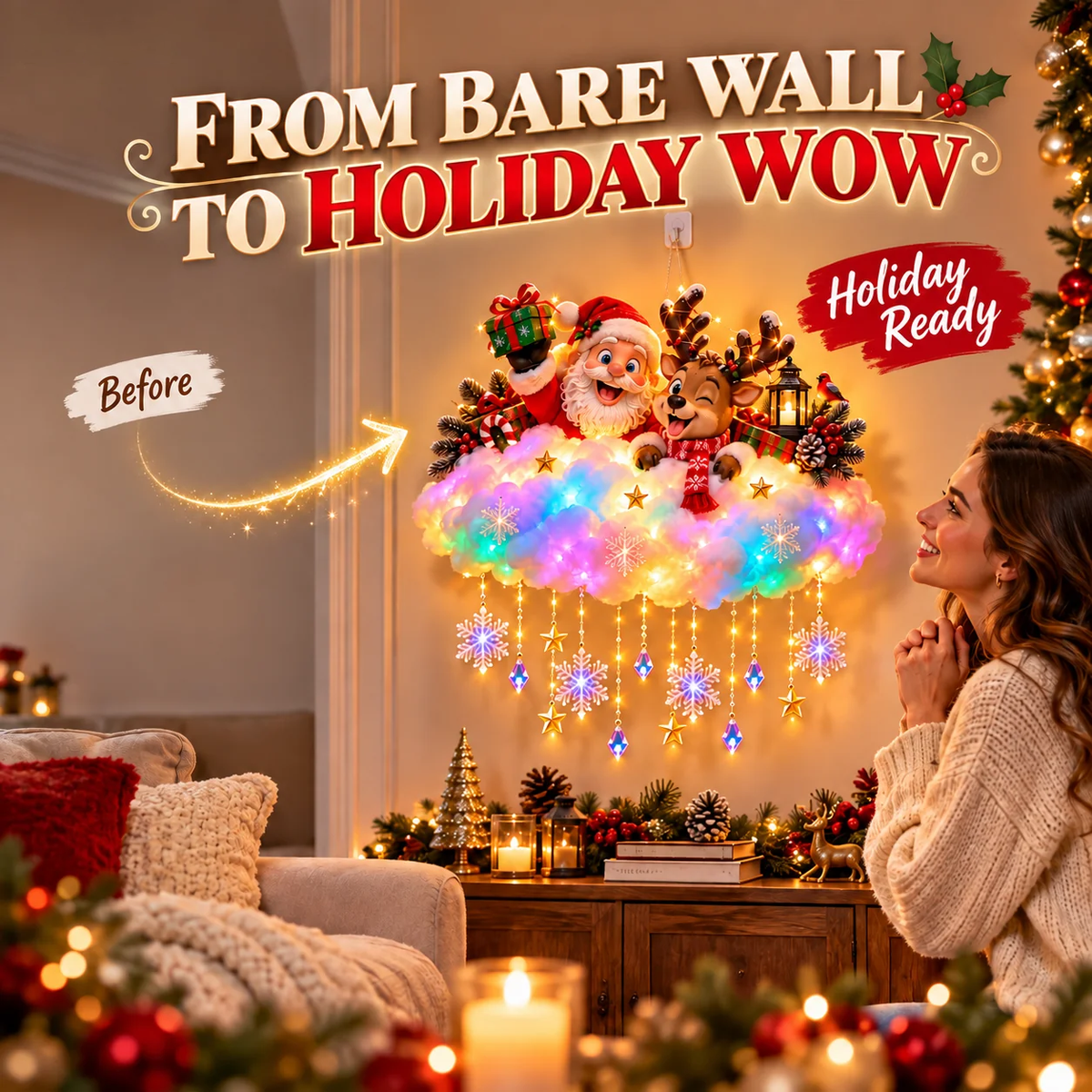Rosuna | Decorazione natalizia da parete illuminata, nuvola con Babbo Natale