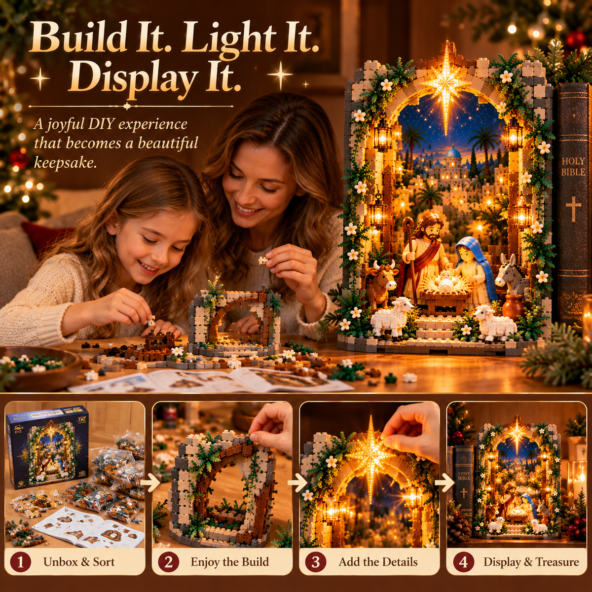 Betlora | Presepe luminoso da costruire, in formato alto per libreria
