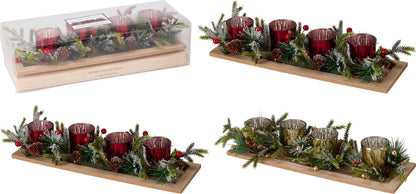 Torari | Teelichthalter Weihnachten auf Holztablett mit 4 Gläsern und Tannengrün