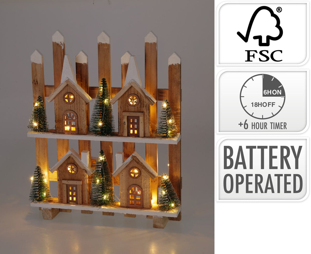 Lindoro | Villaggio natalizio illuminato in legno con LED e timer, 48 cm