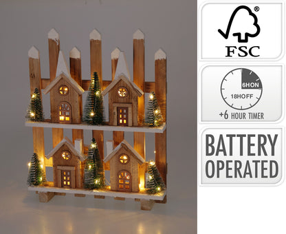 Lindoro | Villaggio natalizio illuminato in legno con LED e timer, 48 cm
