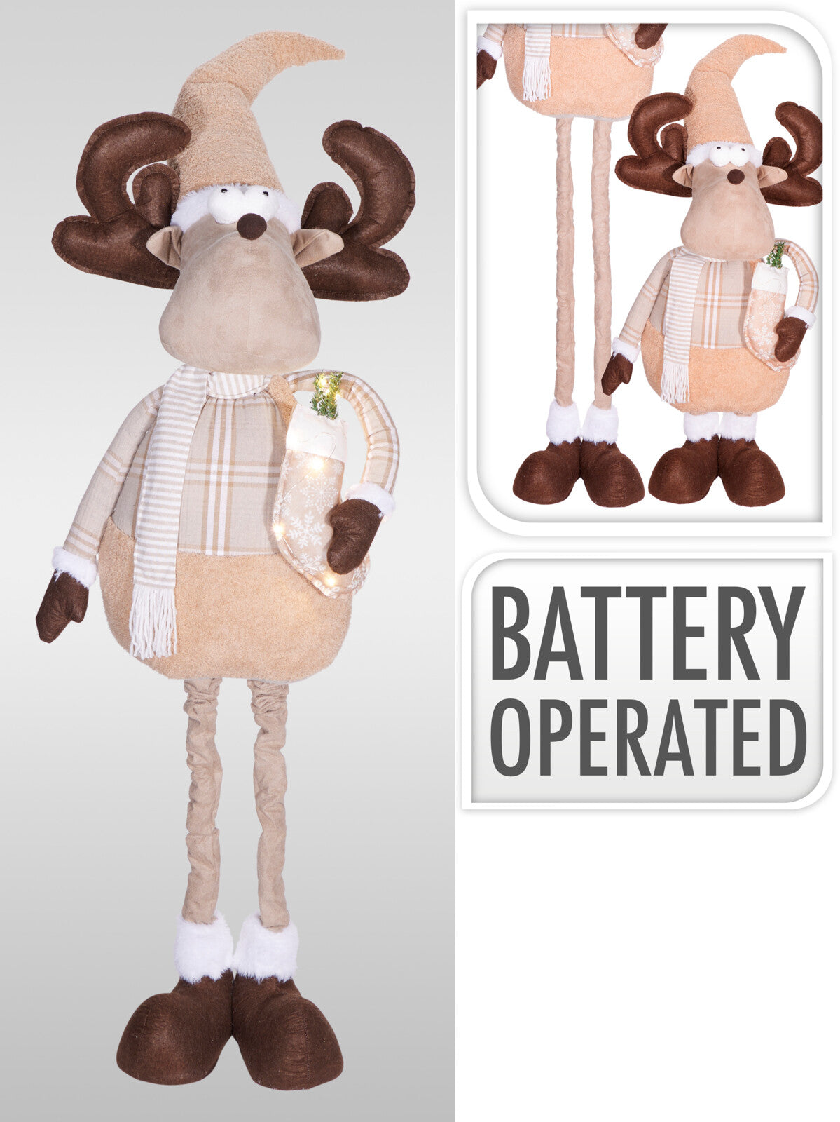 Rentelo | Renna gigante in peluche con LED e gambe telescopiche, fino a 190 cm