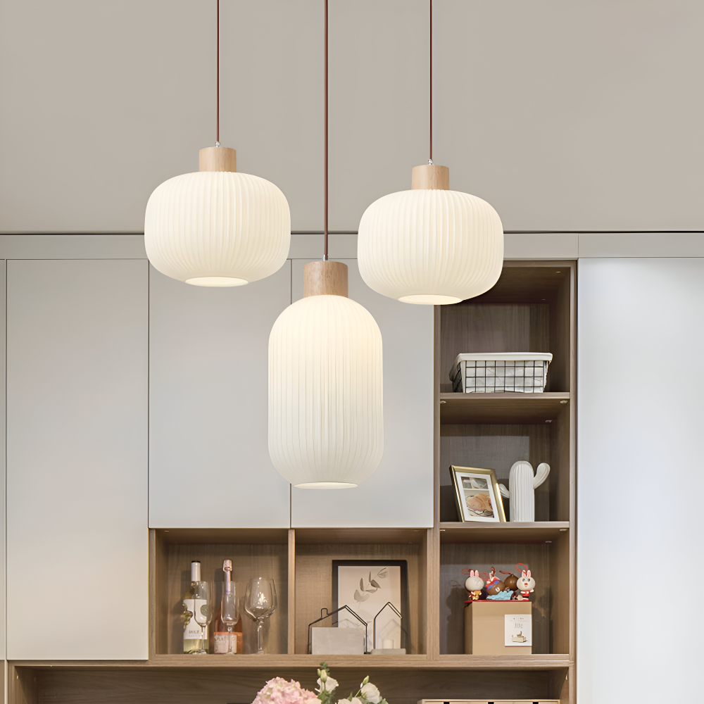 AkariLuxe Lampada a sospensione – Elegante lampada a sospensione in vetro bianco rigato in stile Japandi