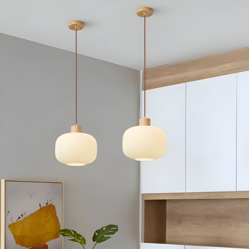 AkariLuxe Lampada a sospensione – Elegante lampada a sospensione in vetro bianco rigato in stile Japandi