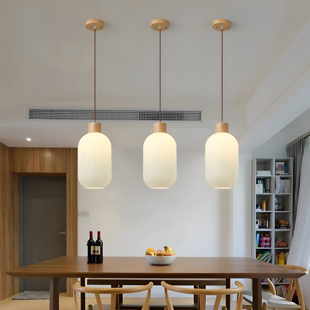 AkariLuxe Lampada a sospensione – Elegante lampada a sospensione in vetro bianco rigato in stile Japandi