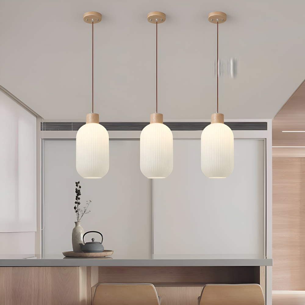 AkariLuxe Lampada a sospensione – Elegante lampada a sospensione in vetro bianco rigato in stile Japandi