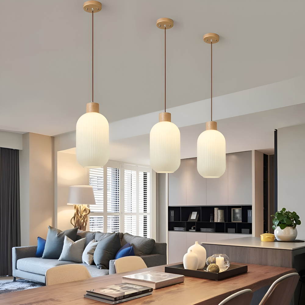 AkariLuxe Lampada a sospensione – Elegante lampada a sospensione in vetro bianco rigato in stile Japandi