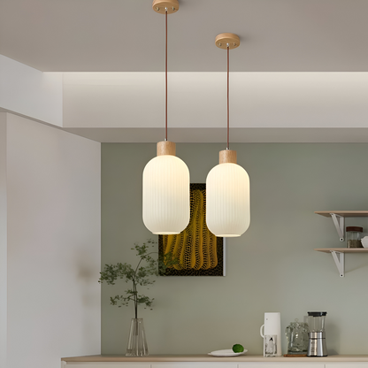 AkariLuxe Lampada a sospensione – Elegante lampada a sospensione in vetro bianco rigato in stile Japandi