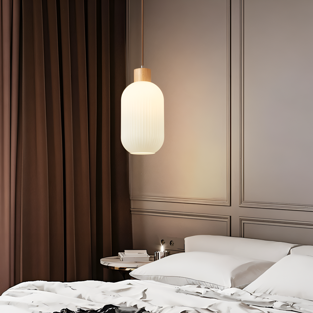 AkariLuxe Lampada a sospensione – Elegante lampada a sospensione in vetro bianco rigato in stile Japandi