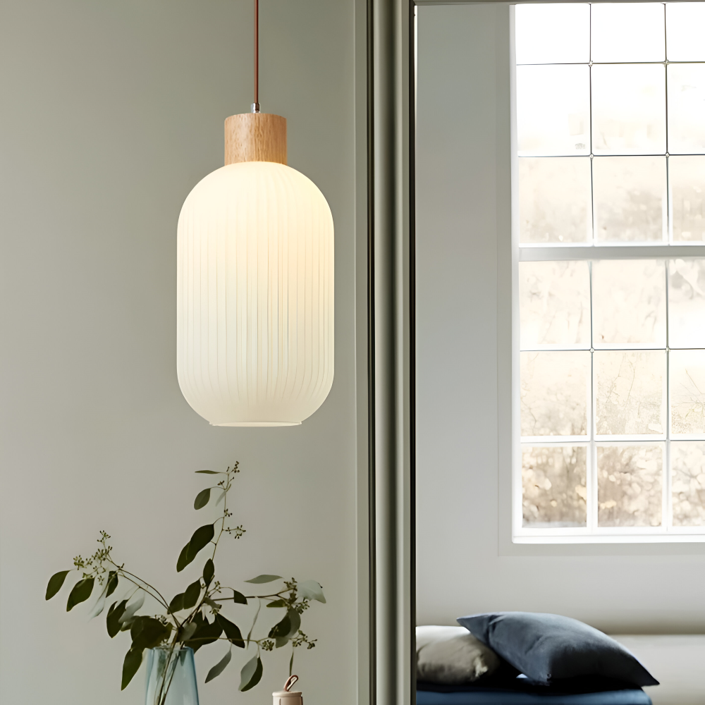 AkariLuxe Lampada a sospensione – Elegante lampada a sospensione in vetro bianco rigato in stile Japandi