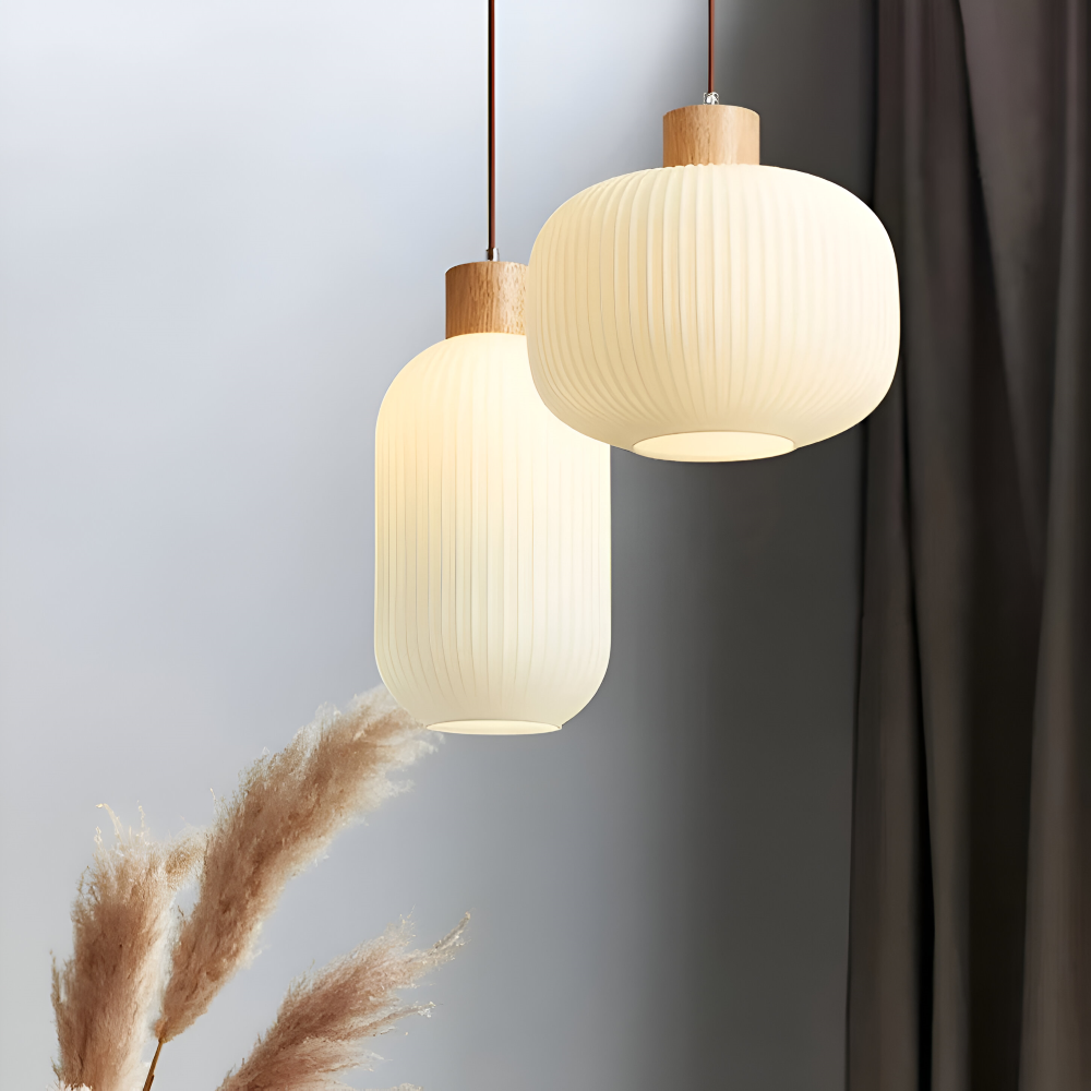 AkariLuxe Lampada a sospensione – Elegante lampada a sospensione in vetro bianco rigato in stile Japandi