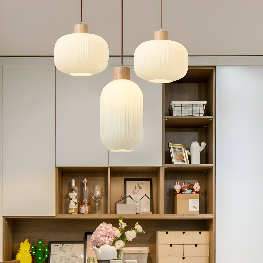 AkariLuxe Lampada a sospensione – Elegante lampada a sospensione in vetro bianco rigato in stile Japandi