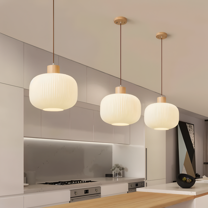 AkariLuxe Lampada a sospensione – Elegante lampada a sospensione in vetro bianco rigato in stile Japandi