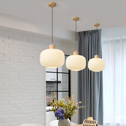 AkariLuxe Lampada a sospensione – Elegante lampada a sospensione in vetro bianco rigato in stile Japandi