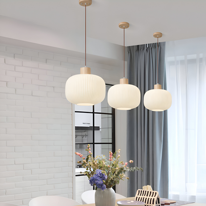 AkariLuxe Lampada a sospensione – Elegante lampada a sospensione in vetro bianco rigato in stile Japandi