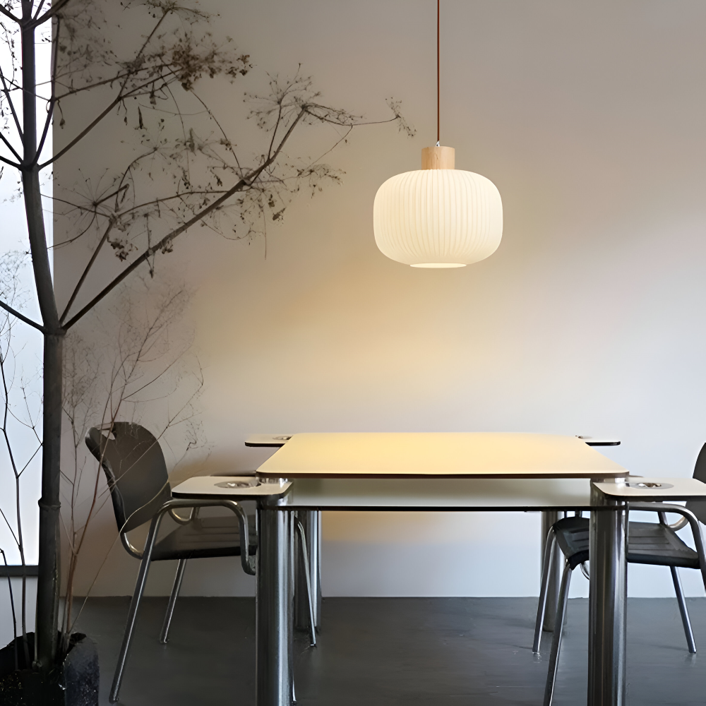 AkariLuxe Lampada a sospensione – Elegante lampada a sospensione in vetro bianco rigato in stile Japandi