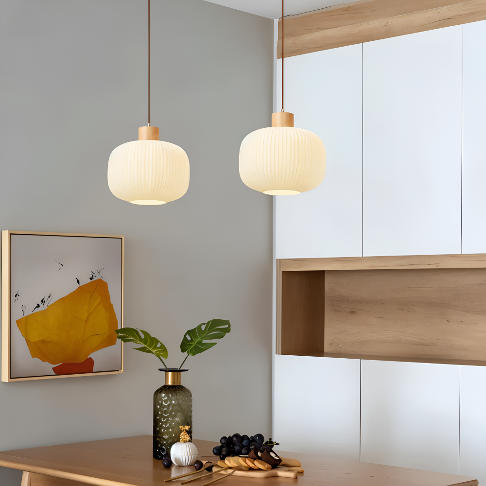 AkariLuxe Lampada a sospensione – Elegante lampada a sospensione in vetro bianco rigato in stile Japandi