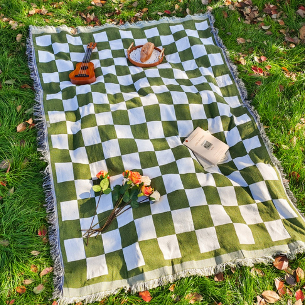 Coperta da picnic a quadri | Coperta per tutto l'anno con frange | 130x180 cm | Misto microfibra