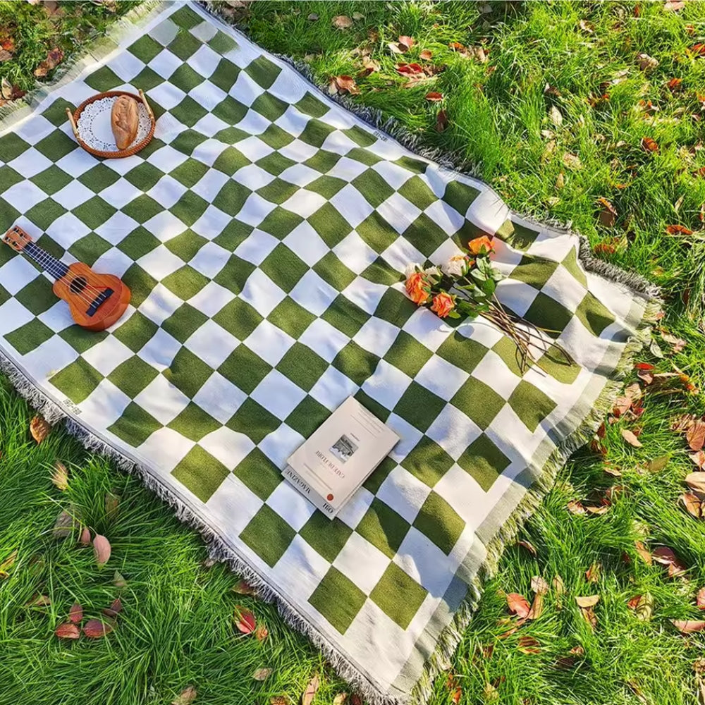 Coperta da picnic a quadri | Coperta per tutto l'anno con frange | 130x180 cm | Misto microfibra