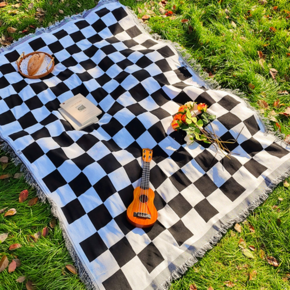 Coperta da picnic a quadri | Coperta per tutto l'anno con frange | 130x180 cm | Misto microfibra