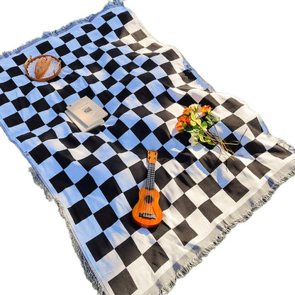 Coperta da picnic a quadri | Coperta per tutto l'anno con frange | 130x180 cm | Misto microfibra